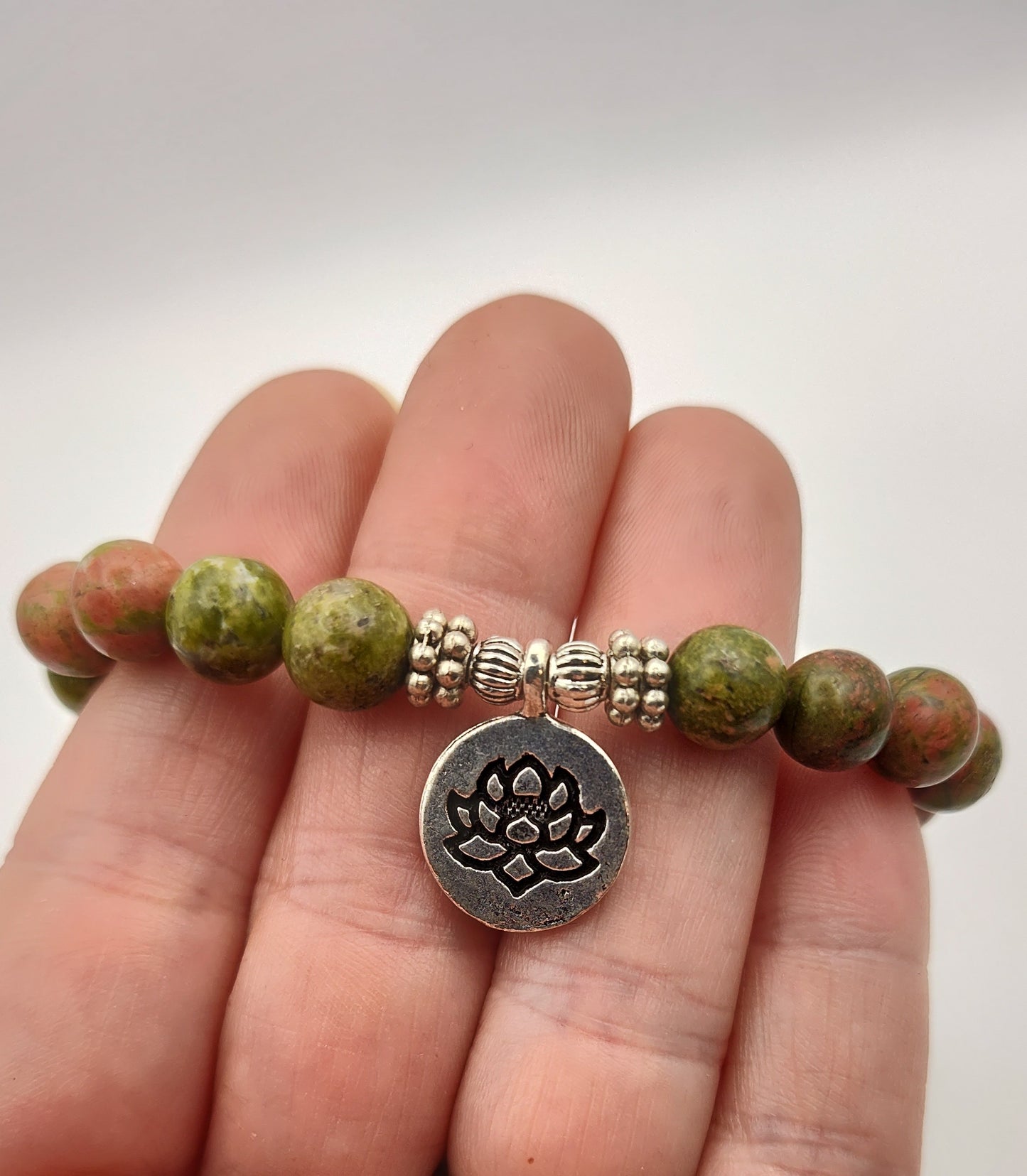 Unakite Beaded Lotus Charm Bracelet ~Balancing& Grounding~