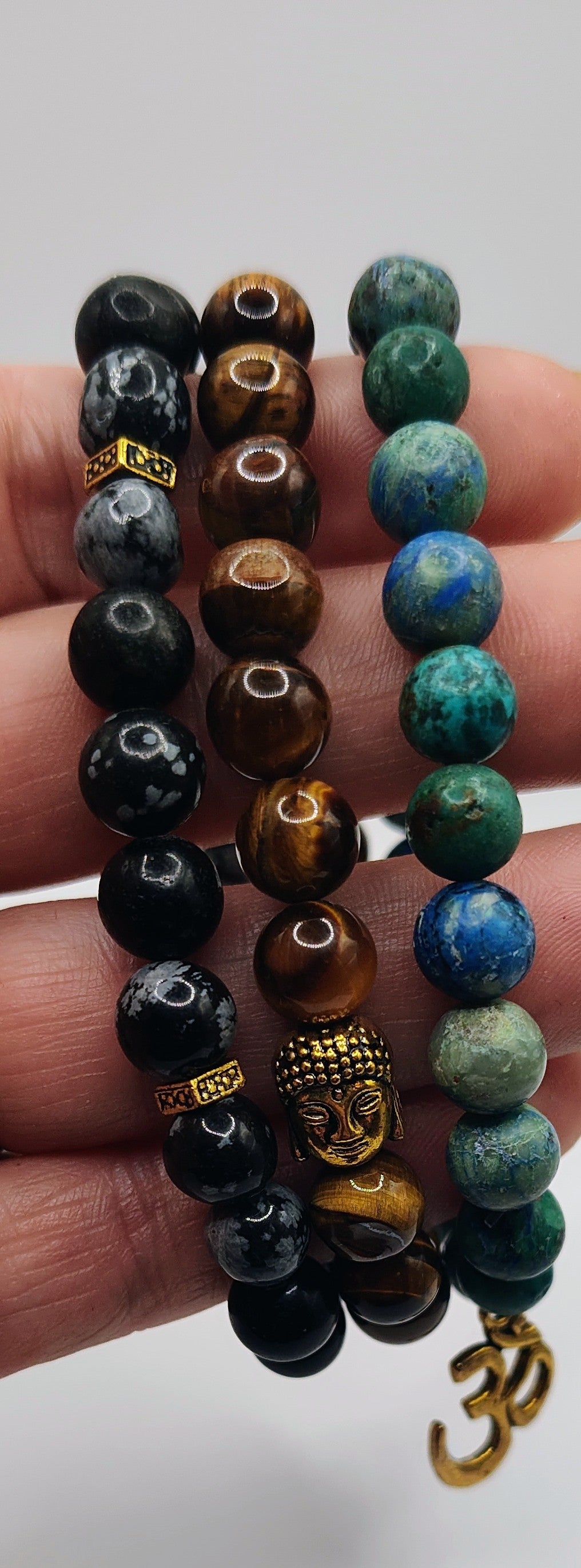 3pc. Stacking Om Bracelet Set Stone Bracelets ~Tiger Eye / Snowflake Obsidian / Chrysocolla