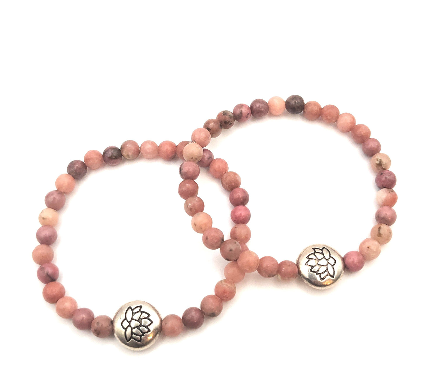 Natural Stone Beaded Rhodenite Stretch Stacking Lotus Charm Bracelet
