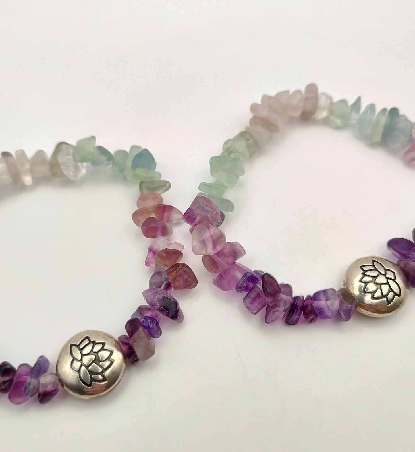 Fluorite Chip Bead Bracelet w/ Silver Lotus Bead Charm