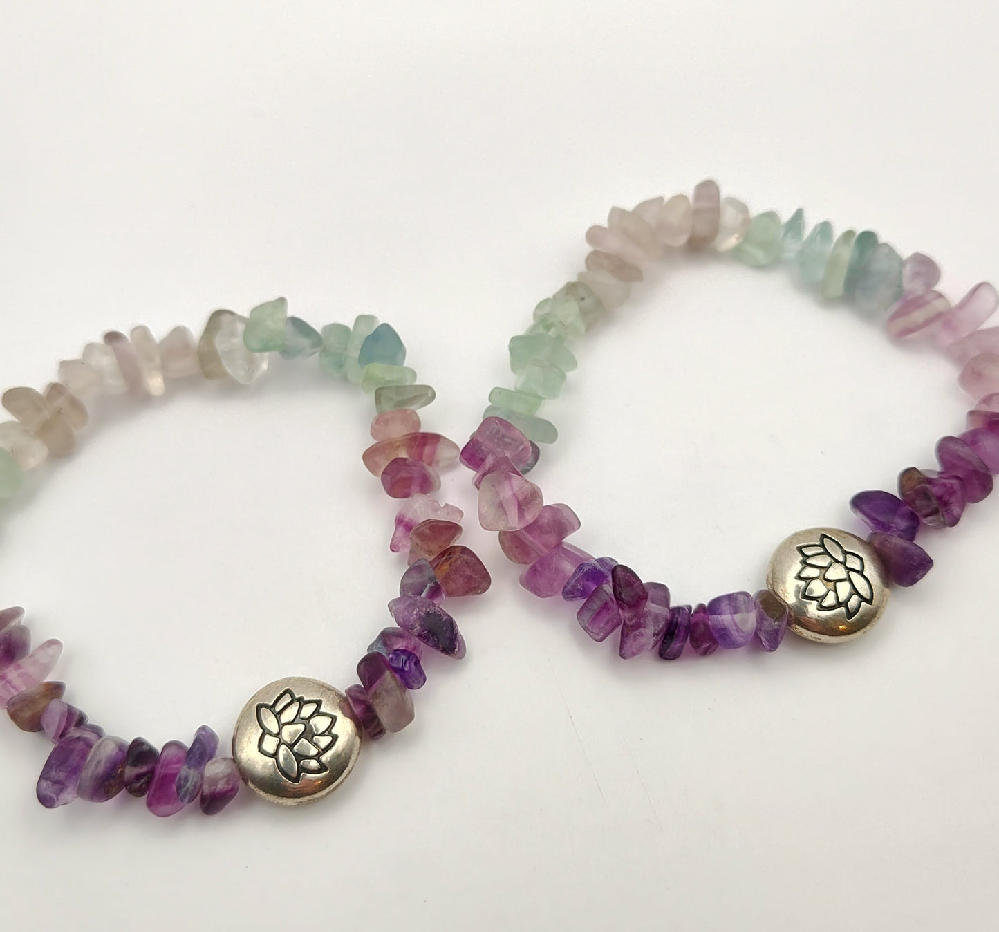 Fluorite Chip Bead Bracelet w/ Silver Lotus Bead Charm