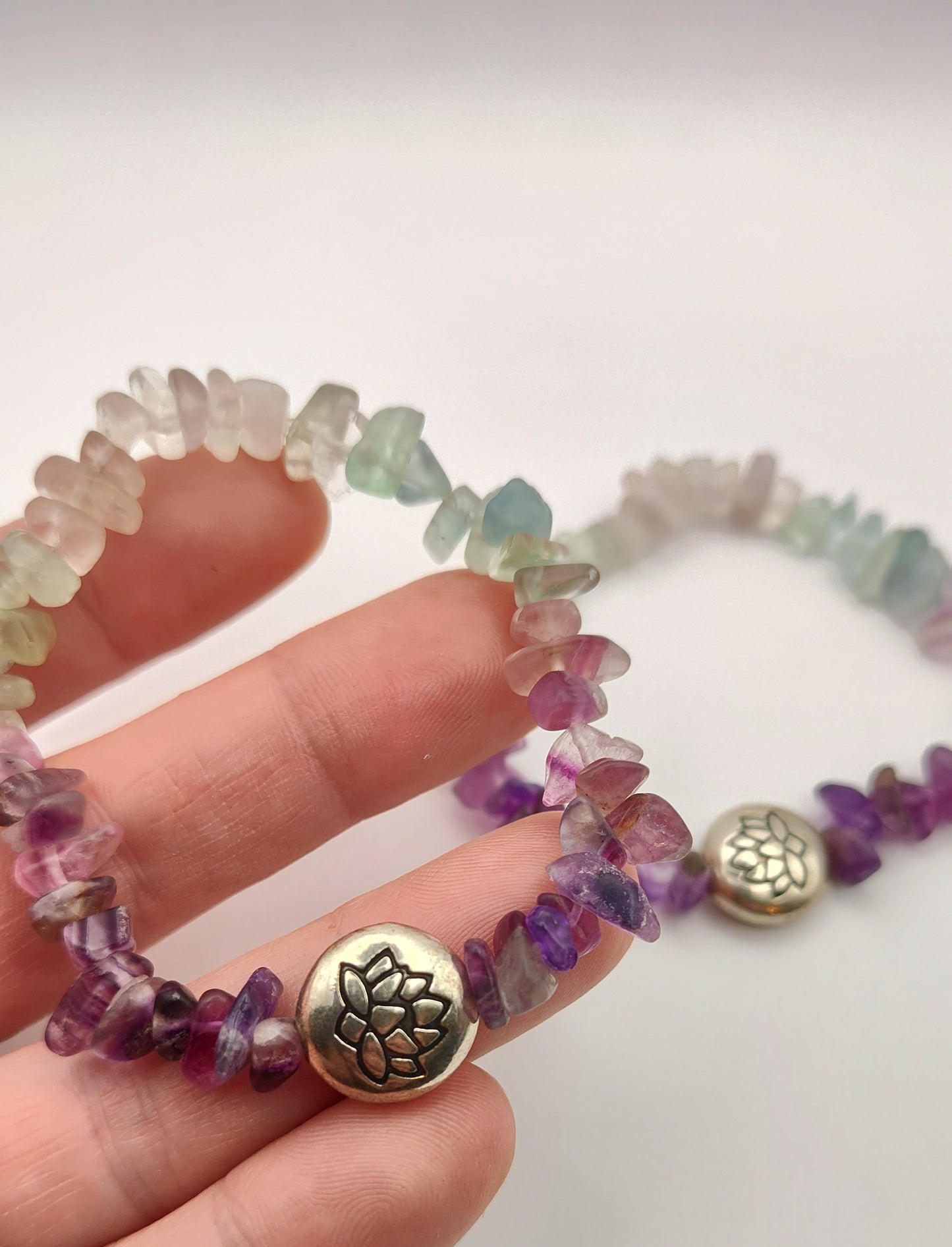 Fluorite Chip Bead Bracelet w/ Silver Lotus Bead Charm