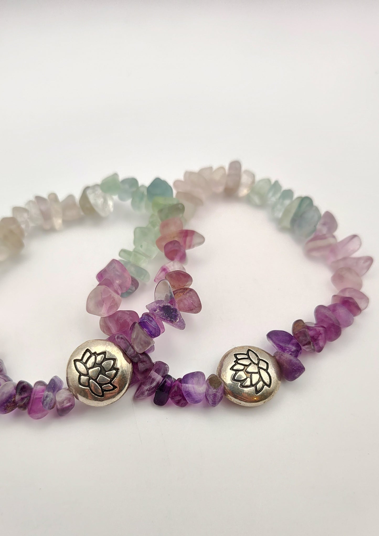 Fluorite Chip Bead Bracelet w/ Silver Lotus Bead Charm