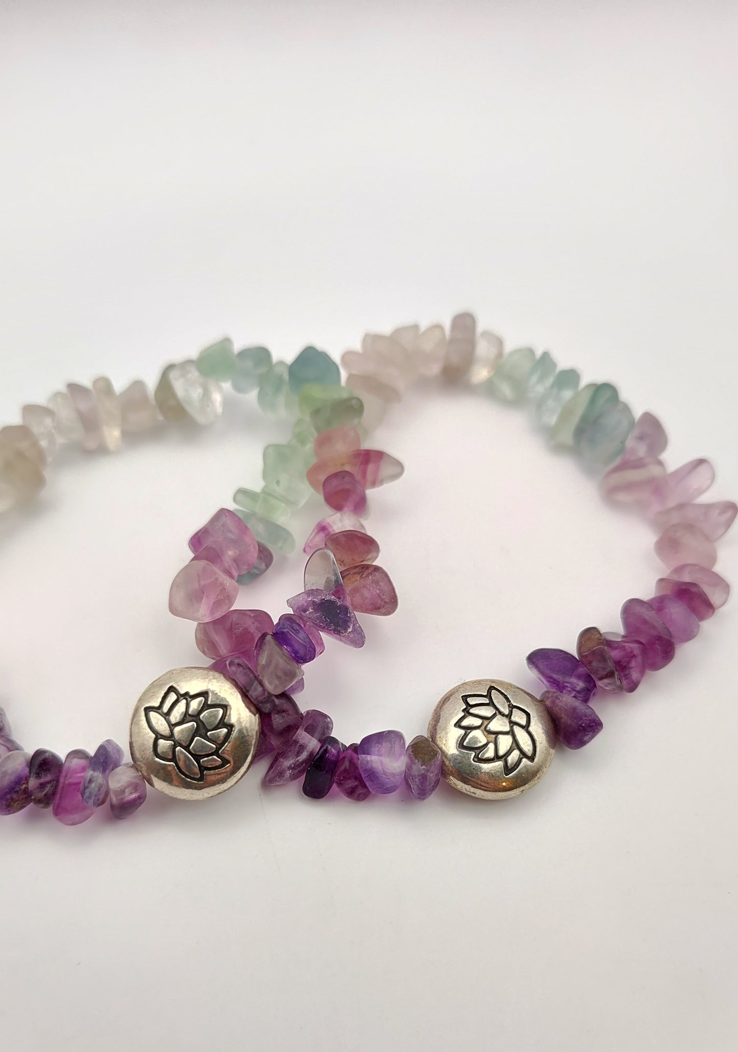 Fluorite Chip Bead Bracelet w/ Silver Lotus Bead Charm